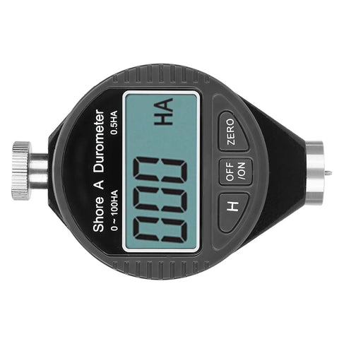 Top Notch Shore A Hardness Tester 100HD for Plastic, Rubber, and Soft Materials With LCD Display, Auto Off Durometer for Precise Readings and ASTM D2240 Compliance. LCD Shore A durometer close-up with probe and buttons
