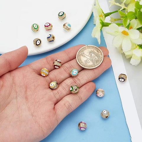 Evil Eye Brass Golden Cubic Zirconia Beads Set 15 Colors Round Spacer Beads for DIY Jewelry Bracelet Making, size 8.5x7.5mm, 2mm hole