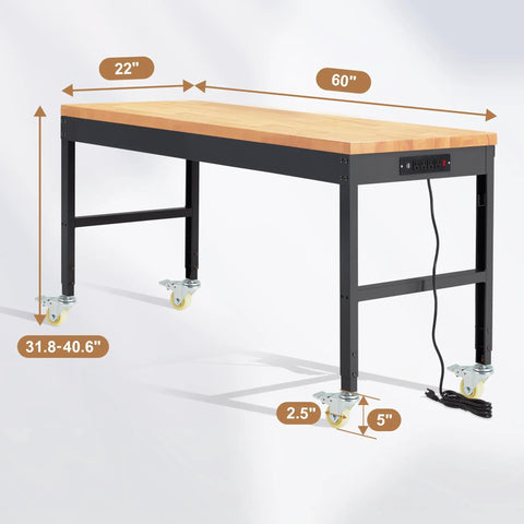 Height Adjustable Workbench With Wheels 60 Inch Solid Wood Top Heavy Duty Rolling Work Table Supports Up To 2000 Lbs For Garage Shop And Office
