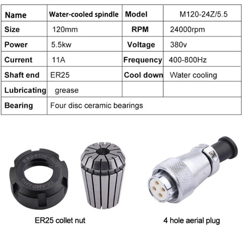 Powerful Water Cooled CNC Spindle Motor 5.5KW 380V 11A 24000 RPM With ER25 Chuck And 4 Hole Aerial Plug 120mm Diameter details