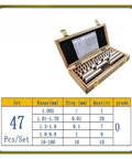 47 Piece Ceramic Rectangular Gauge Block Set Grade 0 in wooden case, displaying calibration specs and measurement range.