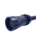 Close-up of No Sweat 19 Pin Socapex Male To Female Power Extension Cable connector with gold pins, 20 Amp rated, for stage use.