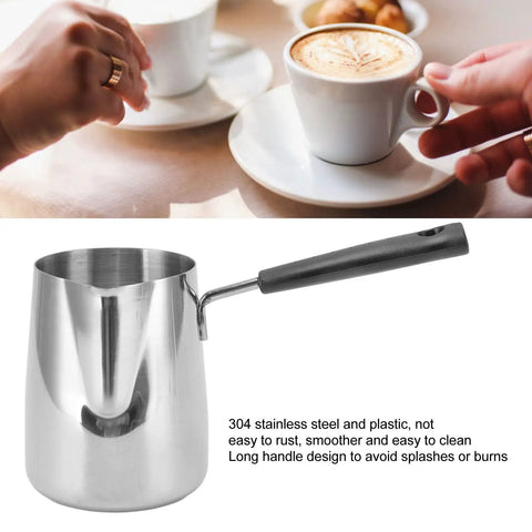 Turkish Coffee Pot And Milk Frothing Jug 21oz 600ml Stainless Steel Toroid Pitcher With Long Handle for frothing and pouring.