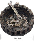 Vintage Motorcycle Chain Ashtray With Wrench And Bike Motif For Biker Bars Harleys And Smoking Rooms A Dope Gift For Men Mechanics Smokers Great Desk Accessory For Man Caves And Home Bars, 4.7 in diameter, polyresin, hand-painted.