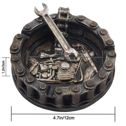 Vintage Motorcycle Chain Ashtray With Wrench And Bike Motif For Biker Bars Harleys And Smoking Rooms A Dope Gift For Men Mechanics Smokers Great Desk Accessory For Man Caves And Home Bars, 4.7 in diameter, polyresin, hand-painted.