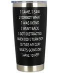 Funny 50th Birthday Tumbler 20 Oz Stainless Steel Insulated Cup For Men And Women Rocking The Big Fifty with humorous text.