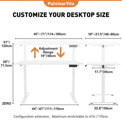 Dual Motor Standing Desk Frame With Cable Management Tray And Headphone Hook adjustment range diagram