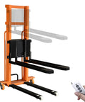 Heavy Duty Electric Pallet Stacker With Rock Solid Hydraulic Rig Designed To Haul 1100 Lb Pallets And Climb Four Feet High Without Breaking A Sweat In Crowded Shops, showing remote control and adjustable forks.