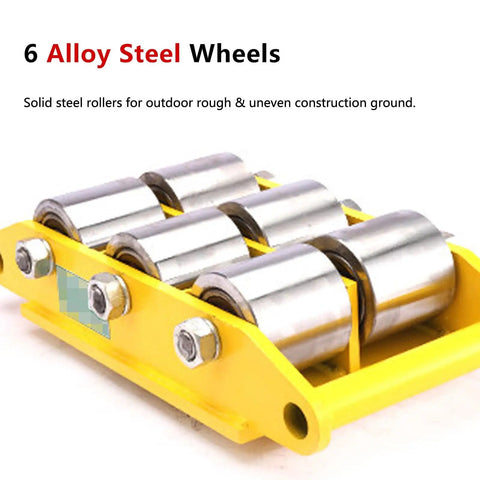 6 Alloy steel wheels for Heavy Duty Machinery Moving Skates With 17600 Lb Load Rating, designed for rough outdoor surfaces.