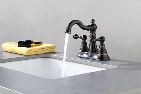 Oil Rubbed Bronze Two Handle Bathroom Sink Faucet for 3-Hole 4-Inch Center Set with Pop-Up Drain, 360 Degree Swivel Spout