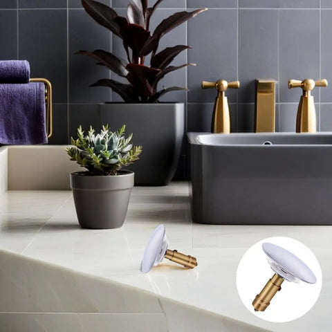 Copper Pop up Bathtub Plug with Bounce Design for Drain Hole placed near a modern bathtub and potted plant in stylish bathroom.