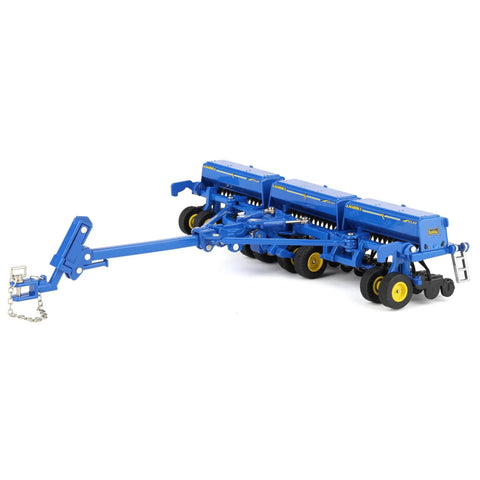 Realistic Dope One Sixty Four Scale Landoll 5532-30 Grain Drill Model Replica with diecast body and rubber wheels, blue and yellow.
