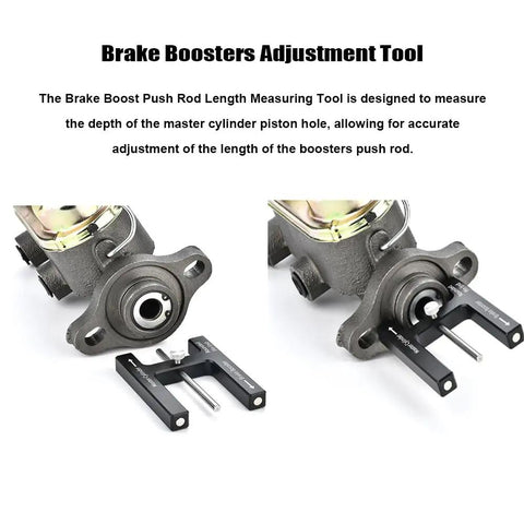 Go To Brake Booster Push Rod Adjustment Tool And Master Cylinder Length Gauge For A Precise Braking Pedal Feel Fits Most Boosters With Adjustable Pins Magnetic Ends For Easy Depth Checks And Setup, black anodized aluminum tool on master cylinder