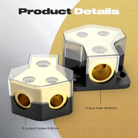 Two Pack Car Audio Power Distribution Block 0 To 2 To 4 Gauge In, 4 To 8 To 10 Gauge Out Amp Splitter For Cars And Boats, Clear Cover, High Conductivity, Rust Resistant, Heavy Duty Pro Grade Power Block, two blocks with 1 input hole 12.6mm and 2 output holes 8.6mm