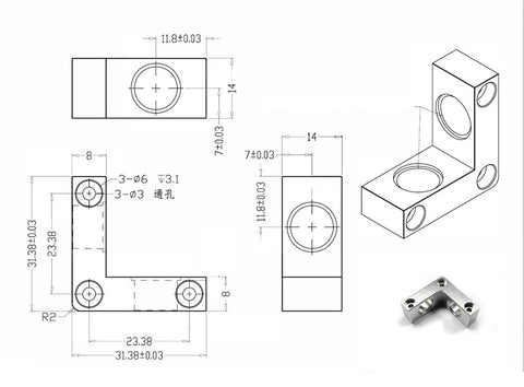Technical drawing and 3D model of 90 Degree Micro Steering Gearbox Right Angle Bevel Drive 1 to 1 Transmission for DIY Projects