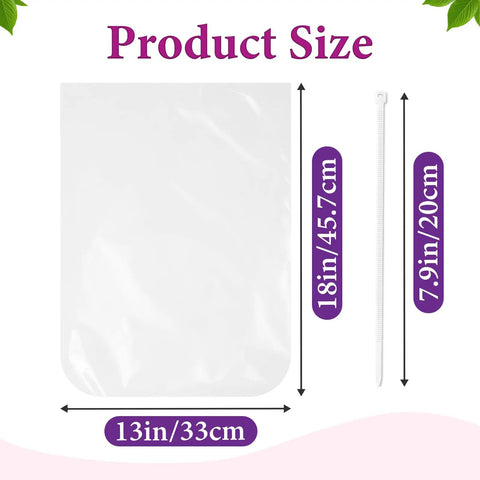 150 Piece Poultry Shrink Bag Kit With Heavy Duty Zip Ties, 13X18 Inch Clear Heat Seal Wrap showing size dimensions and zip tie length.