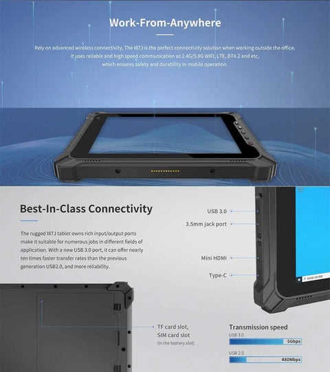 Close-up of Ready To Roll 8 Inch Windows 11 Pro Tablet With Intel N5100 Processor connectivity ports and rugged design.