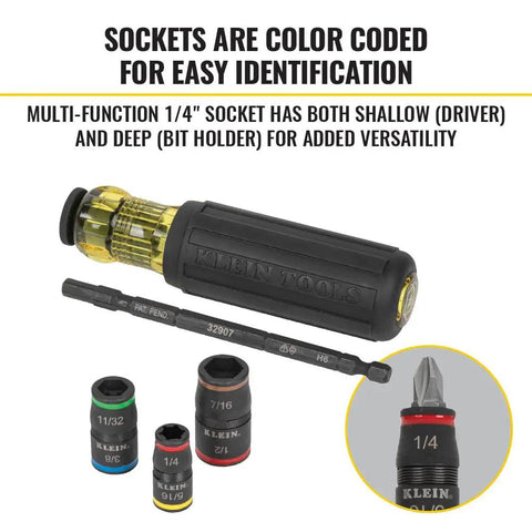 Impact Driver Socket Set With Flip Socket And Handle, 7 In 1, Includes Six SAE Hex Sizes, sockets color coded for identification
