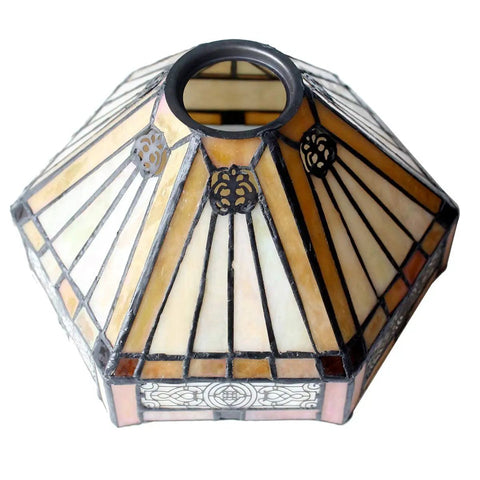 Tiffany Style Stained Glass Table Lamp With Yellow Hexagon Shade, 8 Inch Lampshade, bronze resin base not shown, UL Listed.