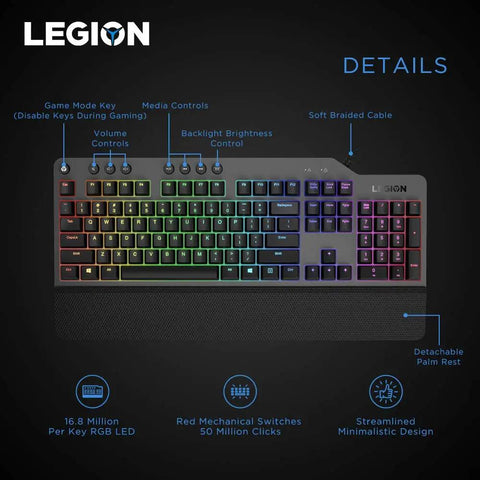 Full Size Mechanical Gaming Keyboard Featuring Top Tier Rgb Lighting And Snappy Red Switches with media controls and detachable palm rest.