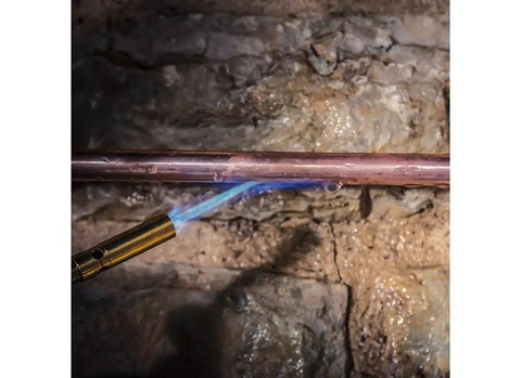Pencil Flame Propane Torch Head heating copper pipe, brass construction, manual start, UL2317 compatible, for precise soldering.