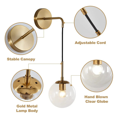 Dope Modern Glass Globe Wall Sconce Set Of Two With Adjustable Cord Brass Finish Minimalist Wall Lights Clear Globe Lamps For Living Room Bedroom Hallway Reading Nook 2 Pack showing brass finish and clear globe