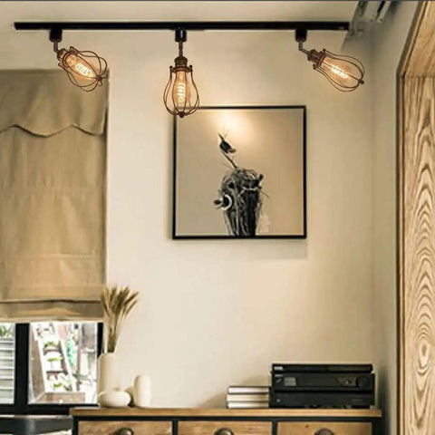Vintage Wire Cage Semi Track Lighting Heads Black Industrial Rail Light Fixture 3-Pack Dimmable LED Compatible in modern room