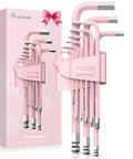 Pink 9-Piece Allen Key Set With Long Ball End Cr-V Wrenches, Color-Coded Hex Keys From 1.5mm To 10mm in packaging