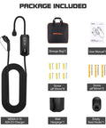 Level 2 EV Charger 32A 7.4 kW Portable With 25 Foot Cable ETL Certified SAE J1772 240 Volt NEMA 14 50 Adjustable Current for Home and Travel On The Go package contents including storage bag and accessories.