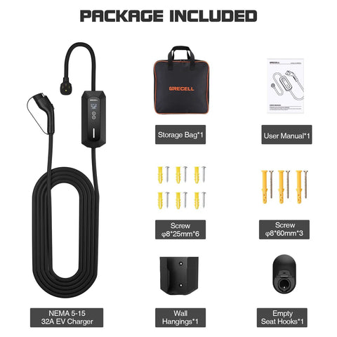Level 2 EV Charger 32A 7.4 kW Portable With 25 Foot Cable ETL Certified SAE J1772 240 Volt NEMA 14 50 Adjustable Current for Home and Travel On The Go package contents including storage bag and accessories.