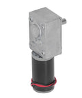 Real Deal DC12V Self Locking Gear Motor Featuring High Torque Metal Gears And Straight Up Single Shaft Speed Reduction Designed For Robotics Car Mods And Factory Automation Running A Smooth One Sixty RPM, showing side angle view with metal casing and wires.