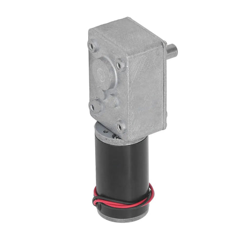 Real Deal DC12V Self Locking Gear Motor Featuring High Torque Metal Gears And Straight Up Single Shaft Speed Reduction Designed For Robotics Car Mods And Factory Automation Running A Smooth One Sixty RPM, showing side angle view with metal casing and wires.