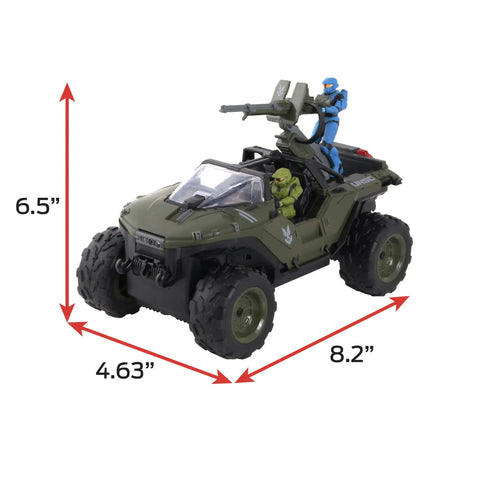 Halo Infinite RC Battle Hog UNSC Warthog With Master Chief And Spartan 2.4 GHz Remote Control Car dimensions visible.