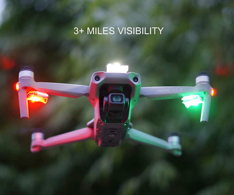 Drone in flight with Drone Strobe Light Anti Collision Beacon For Night Flying With FAA Compliance Ultra Bright 5x3W LEDs.