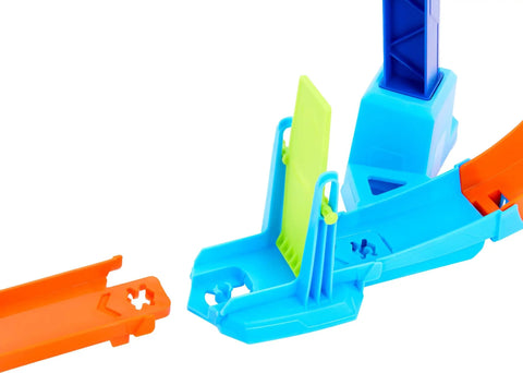 Close-up of snap track adapters on Hot Wheels Corkscrew Loop Track Set With 1:64 Scale Die Cast Car Flip And Jump Stunts Speed