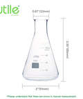 Six Pack 50ml Narrow Mouth Borosilicate 3.3 Glass Erlenmeyer Flasks Set With Printed Graduation, Conical Lab Glassware For Chemistry Experiments And Research, Rugged Durable Gear For Your Lab, showing single flask with dimensions and graduations.