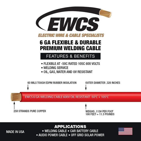 Image of Six Gauge Premium Extra Flexible Welding Cable 600 Volt Red 25 Feet Made In USA, featuring cable structure and specifications.
