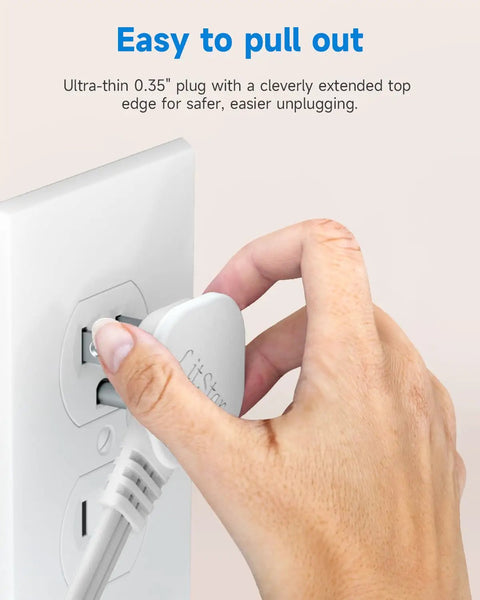 Flat Plug Extension Cord 1Ft White 90 Degree Right Angle Plug Low Profile being unplugged from wall socket