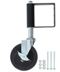 Workhorse Self Leveling 5 Inch Spring Loaded Gate Wheel Caster alongside mounting hardware for smooth driveway operation.