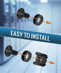 Heavy Duty Rack Mount Screws Kit With Cage Nuts And Washers 50 Pack showing screw, washer, and cage nut in installation process.