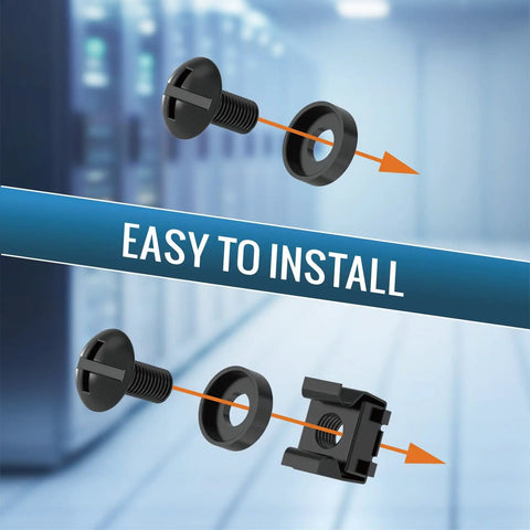 Heavy Duty Rack Mount Screws Kit With Cage Nuts And Washers 50 Pack showing screw, washer, and cage nut in installation process.