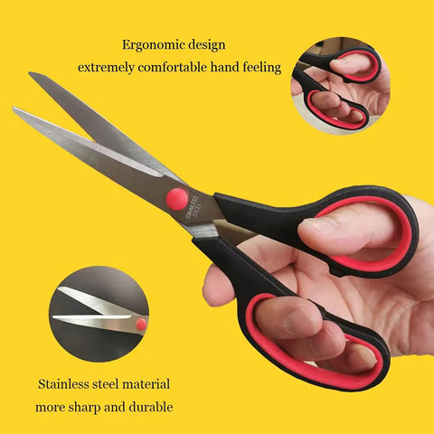 Person holding Go To Ultra Sharp 8.5 Inch Multipurpose Scissors With Comfort Grip, showing ergonomic handle and sharp stainless steel blades.