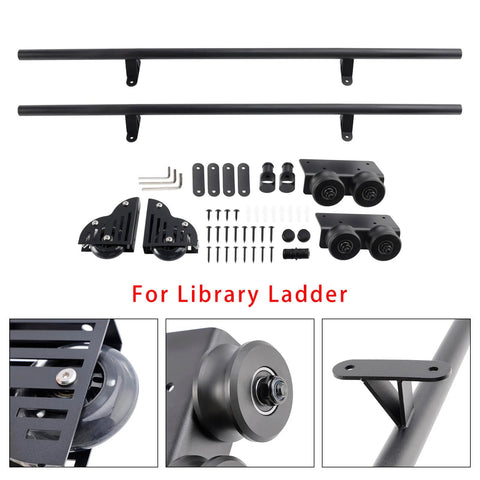 6.6Ft Rolling Library Ladder Hardware Kit With Floor Roller And Brake, heavy duty carbon steel sliding system, parts view