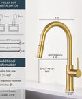 Tohlar Gold Kitchen Faucet with Pull Down Sprayer dimensions and installation details, showing elegant brushed gold finish.