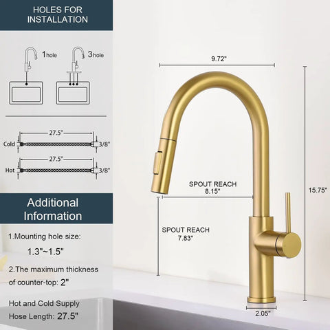 Tohlar Gold Kitchen Faucet with Pull Down Sprayer dimensions and installation details, showing elegant brushed gold finish.