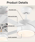 Product details of White Ceiling Fan With Lights And Remote For Indoor Outdoor Use, 44 Inch Modern Ceiling Fan with LED and wooden blades.