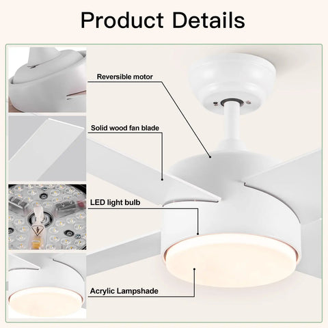 Product details of White Ceiling Fan With Lights And Remote For Indoor Outdoor Use, 44 Inch Modern Ceiling Fan with LED and wooden blades.