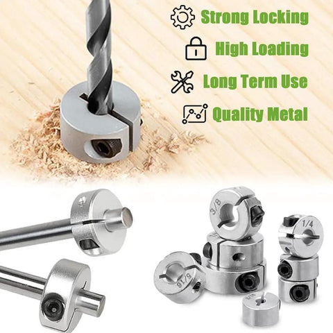 8 Pcs Drill Bit Stop Collar Set With Split Rings And M5 Set Screws shown with drill bit inserted