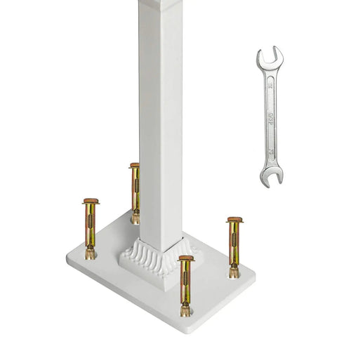 Indoor Wooden Stair Hand Rail With Wall Mount And Metal Brackets, base detail with mounting hardware and wrench