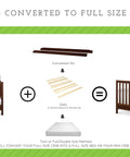 Diagram of crib conversion with Full Size Bed Rails Conversion Kit for Kalani Convertible Cribs, solid wood espresso finish.